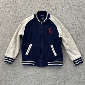 Polo Ralph Lauren Kids Navy Grey Fleece Bomber Jacket Size 7 Big Pony Zip Up